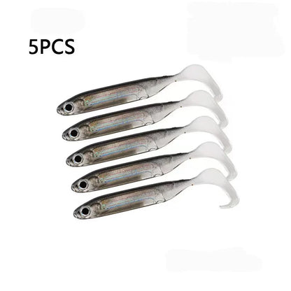 5pcs/lot Fishing Soft Bait T Tail Fish Fishing Lures Rainbow Color Sequin Swing Fishing Spinner Bait