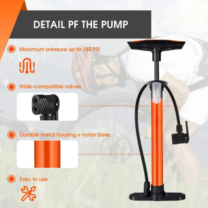 160PSI High Pressure Pump Schrader Presta MTB Bicycle Floor Pump Cycling Air Pump Tire Ball Motorcycle Car Inflator