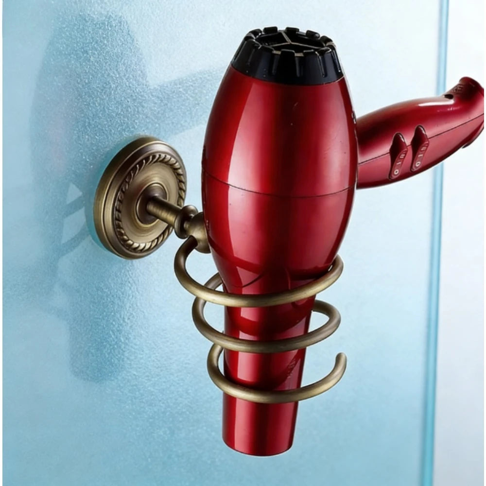 Antique brass hair dryer holder, wall-mounted bathroom storage artifact, vintage bathroom accessories