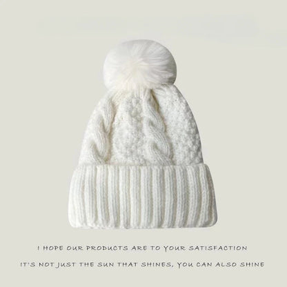 New Winter Twist Knitting Hat For Women Fur Pompom Thick Plush Cap Beanie Solid Color Ladies Warm Ski Snow Skullies Beanies