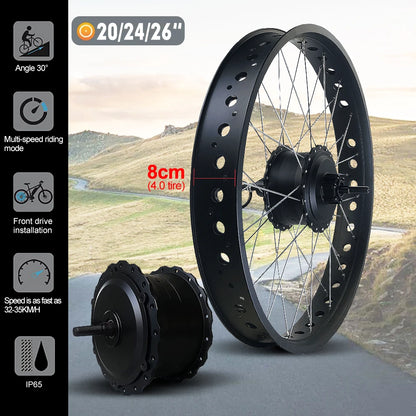 Electric Bicycle Fat Tire 20/24/26Inch 4.0 Tyre 36V 48V 500W Brushless Gear Front Wheel Hub Motor For Snow Ebike Conversion Kit