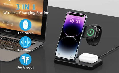 Fast 3 in 1 Wireless Charging Station Foldable Phone Wireless Charger Stand Pad for iPhone 16 15 14 13 12 Pro AirPods iWatch 1-9
