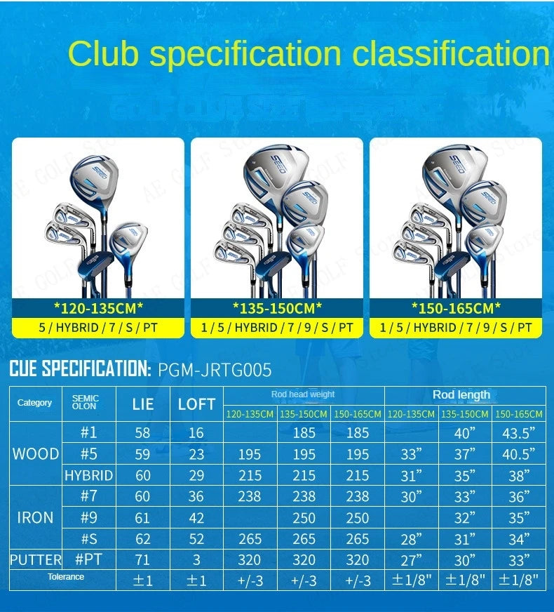 PGM child Golf Club Sets kids Learning Iron Carbon Putter Headcover Bracket Bag 120-165cm Height Boy Kids Junior Clubs JRTG005