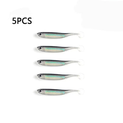 5pcs/lot Fishing Soft Bait T Tail Fish Fishing Lures Rainbow Color Sequin Swing Fishing Spinner Bait