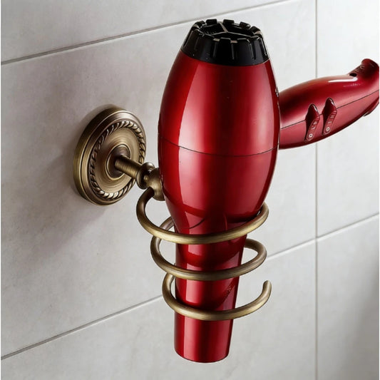 Antique brass hair dryer holder, wall-mounted bathroom storage artifact, vintage bathroom accessories