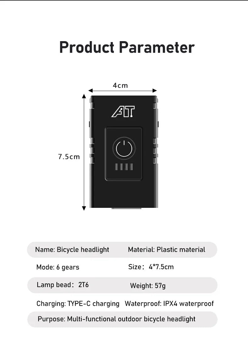 Bike Light T6 LED Bicycle Front Lamp Type-C Rechargeable MTB Headlight Flashlight Waterproof Outdoors Night Cycling Accessories