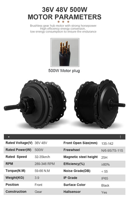 Electric Bicycle Fat Tire 20/24/26Inch 4.0 Tyre 36V 48V 500W Brushless Gear Front Wheel Hub Motor For Snow Ebike Conversion Kit