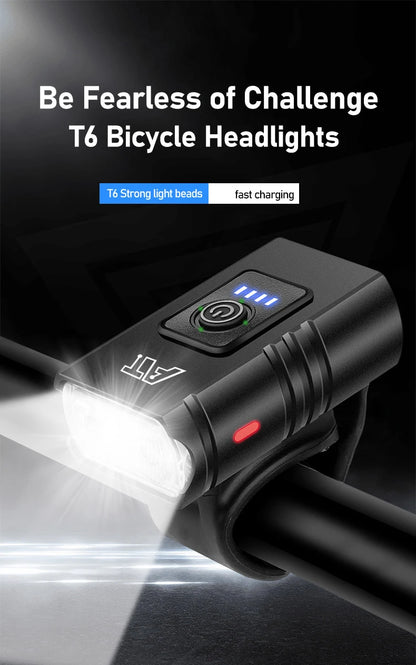 Bike Light T6 LED Bicycle Front Lamp Type-C Rechargeable MTB Headlight Flashlight Waterproof Outdoors Night Cycling Accessories