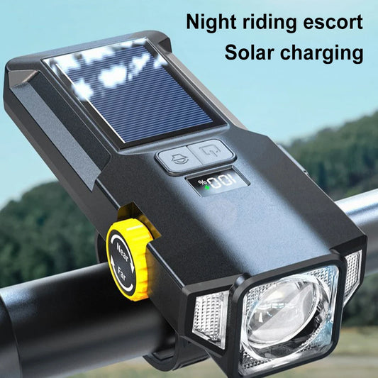 Solar Bike Front Light USB Rechargeable Super Bright Bike Light Power Display High Brightness Bike Flashlight for Night Riding