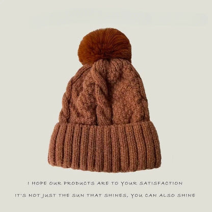 New Winter Twist Knitting Hat For Women Fur Pompom Thick Plush Cap Beanie Solid Color Ladies Warm Ski Snow Skullies Beanies